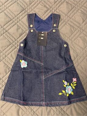 Toddler Dark Blue Denim Dress with Floral Embroidery - 12 months